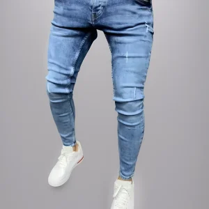Men's Slim-Fit Washed Jeans - Streetwear Five-Pocket Light Blue | Distressed Edge for Fall/Winter Urban Style