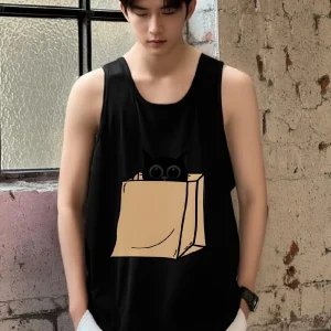 Men's Summer Soft  chic Sleeveless Shirt  With Black CaT in Box Graphic Tank Tops Gym Man Vest Clothing Tank Top Workout Fitness