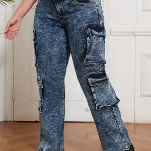 Minimalist Women's High Waist Denim Cargo Pants Straight Fit Elegant Solid Design for Office Casual Clothing Daily Wear