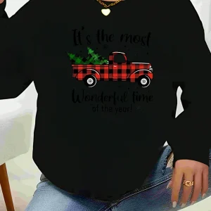 Christmas Tree Truck Print It's the Most Wonderful Time of the Year Long Sleeve T-Shirt Holiday Casual Wear Women