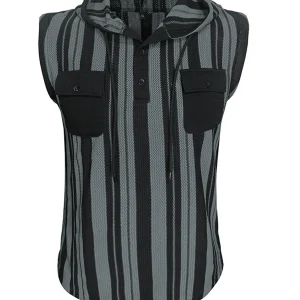 Men s Stylish Sleeveless Striped Tank Top with Hood and Drawstring Casual Button-Up Vest Featuring Pockets for Summer Wear