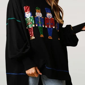 Women s Loose Sweatshirt Sequins Cartoon Person Crew Neck Long Sleeve Pullovers Fall Winter Casual Tops Shirts