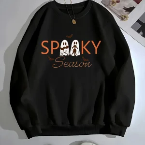 Women's Round Neck Sweatshirt with Halloween Style Casual Hoodie Printed with "SPOOKY Season" Text and Bat Pattern Hoodies