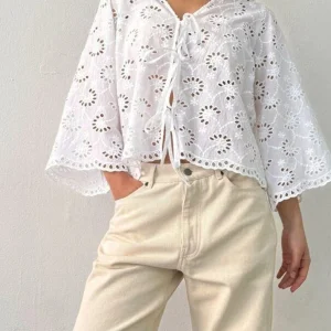 Stylish Women s V Neck Blouse with Eyelet Detailing Solid Color Loose Fit 3 4 Sleeves and Tie Front Design