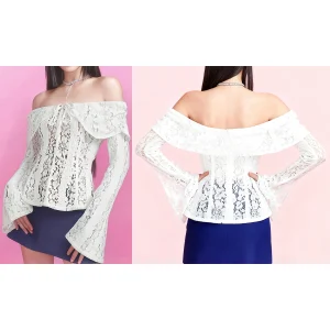 Elegant Lace Off Shoulder Blouse with Flare Sleeves and Back Tie-up Detail - Stylish Women s Streetwear Top