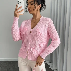 Autumn and Winter New Fashion Woman Sweater Solid Color Long Sleeve Bow Knit Cardigan Jacket Top Women's Clothing