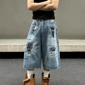 American Retro Street Style Washed Insect Graffiti Denim Shorts for Men, Loose Straight Casual Cropped Pants