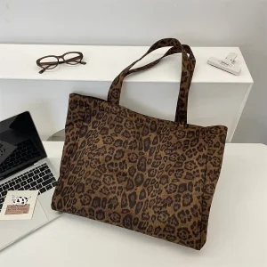 Retro Faux Suede Women's Shoulder Bags Leopard Print Large Capacity Ladies Shopping Bag College Style Girls Handbag Fall Winter