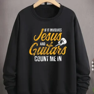 Men's Christian Worship Guitarist Sweatshirt - Jesus & Guitar Chords Print Church Music Apparel, Long Sleeve Crew Neck Casual