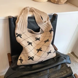 Women Crochet Tote Handbag Bow Printed Knitting Shoulder Bag Contrast Color Travel Shopping Handbag Ladies Daily Handbag