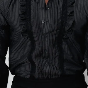 Vintage Style Men s Striped Lace Ruffle Button-Up Shirt with Long Sleeves - Classic Spring and Fall Fashion for Casual Wear