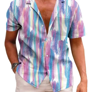 KYKU Hawaiian Shirt for Men Short Sleeve Button Down Summer Clothing Vacation Beach Shirts Stripe with Pockets