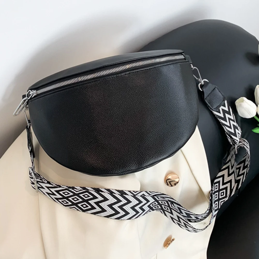 Ladies Handbags Wide Jacquard Strap Traveling Chest Bag PU Leather Fashion Casual Solid Color Portable Simple for Travel Sports - Image 8