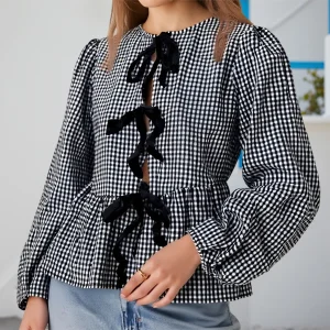 Women s Stylish Plaid Print Long Sleeve Round Neck Tie Front Babydoll T-shirt for Fall Casual Wear