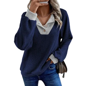 Women'S Pullover Lapel Sweatshirt Fashionable Stitching Contrast Color Top Sudaderas De Mujer Winter Clothes Woman кофта женская