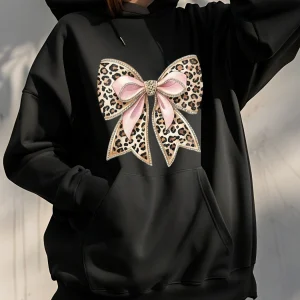 Women's Black Hoodie with Leopard Print Pink Bow Design Casual Streetwear Sweatshirt for Girls and Women