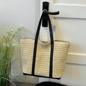 Women Straw Tote Handbag Large Capacity Sequins Crochet Beach Handbag Contrast Color Weaving Travel Bag Ladies Summer Daily Bag