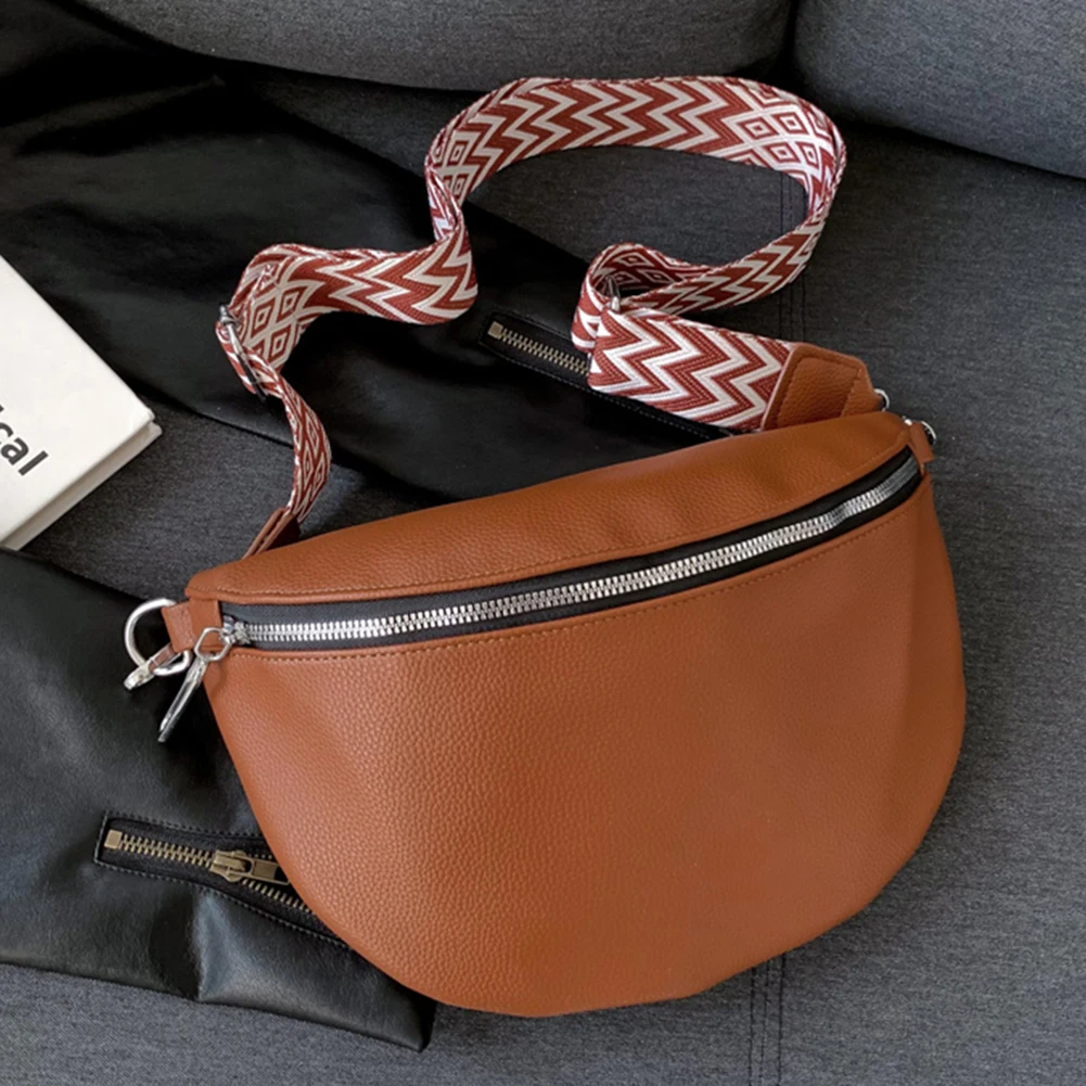 Ladies Handbags Wide Jacquard Strap Traveling Chest Bag PU Leather Fashion Casual Solid Color Portable Simple for Travel Sports - Image 7