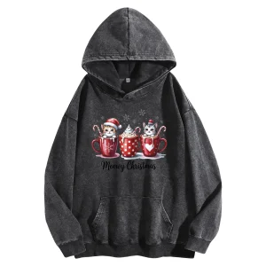 Christmas Cat Vintage Washed 400G Graphic Hoodie Unisex Oversized Streetwear Pullover Christmas & New Year Gift