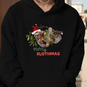 Men'S Christmas Sloth Print Hoodie Casual Cotton and Polyester  Knit Fabric Loose Fit Holiday Sweatshirt with Santa Hat Design