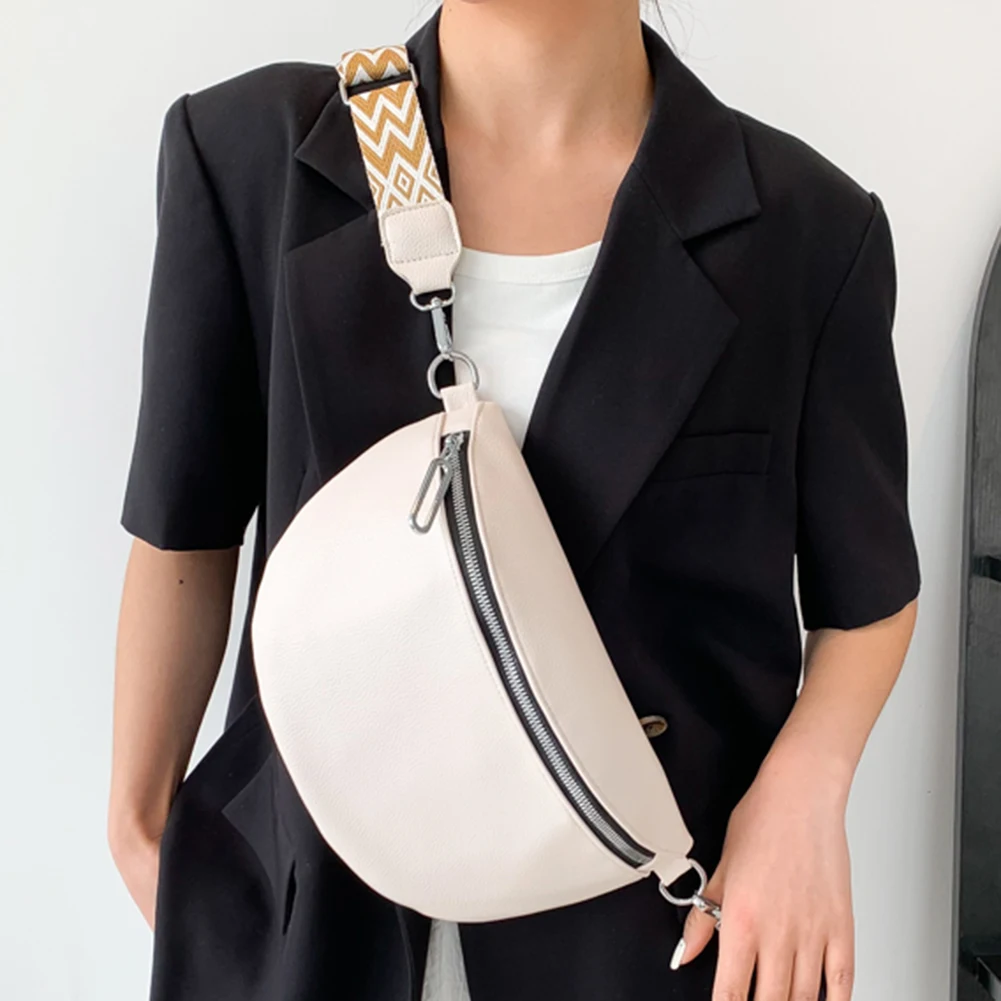 Ladies Handbags Wide Jacquard Strap Traveling Chest Bag PU Leather Fashion Casual Solid Color Portable Simple for Travel Sports - Image 4