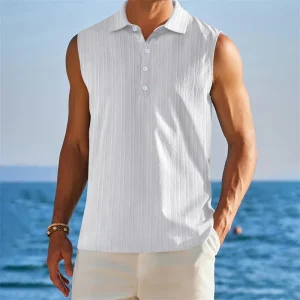 Men s Sleeveless Collared Tank Tops with Textured Stripes and Half Button-up Detail Solid Color Casual Shirts for Summer Wear