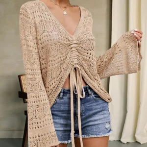 Women's Boho Off-Shoulder Crochet Crop Top - Summer Sheer, Bell Sleeve, Flowy Oversized Ruched Pullover