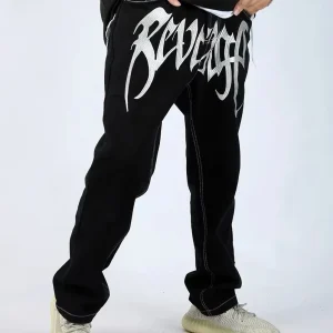 Uaw Vibe Embroidered Black Straight-Leg Pants for Autumn and Winter, with a Slimming Effect, Cool and Stylish, Oversized Casual Floor-Length Trousers