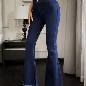 High Waist Dark Blue Flared Denim Jeans for Women Slim Bootcut Stretch Pants Vintage Chic Streetwear Trendy Clothing