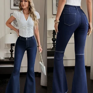 High Waist Slim Fit Bootcut Denim Pants for Women Elegant Stretch Flare Jeans Long Leg Classic Blue Trousers Clothing